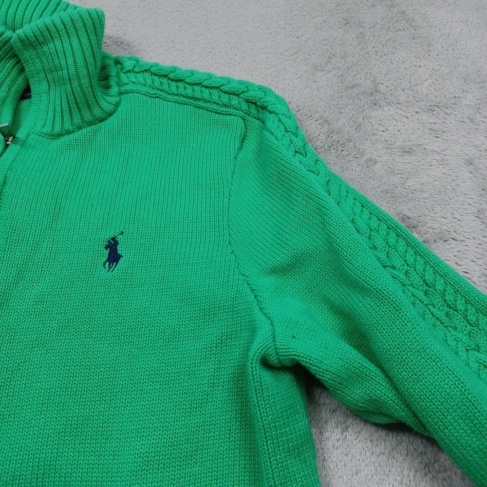 Vintage Ralph Lauren Sport Girls XL Green Full Zip Pockets Knit Preppy Y2K